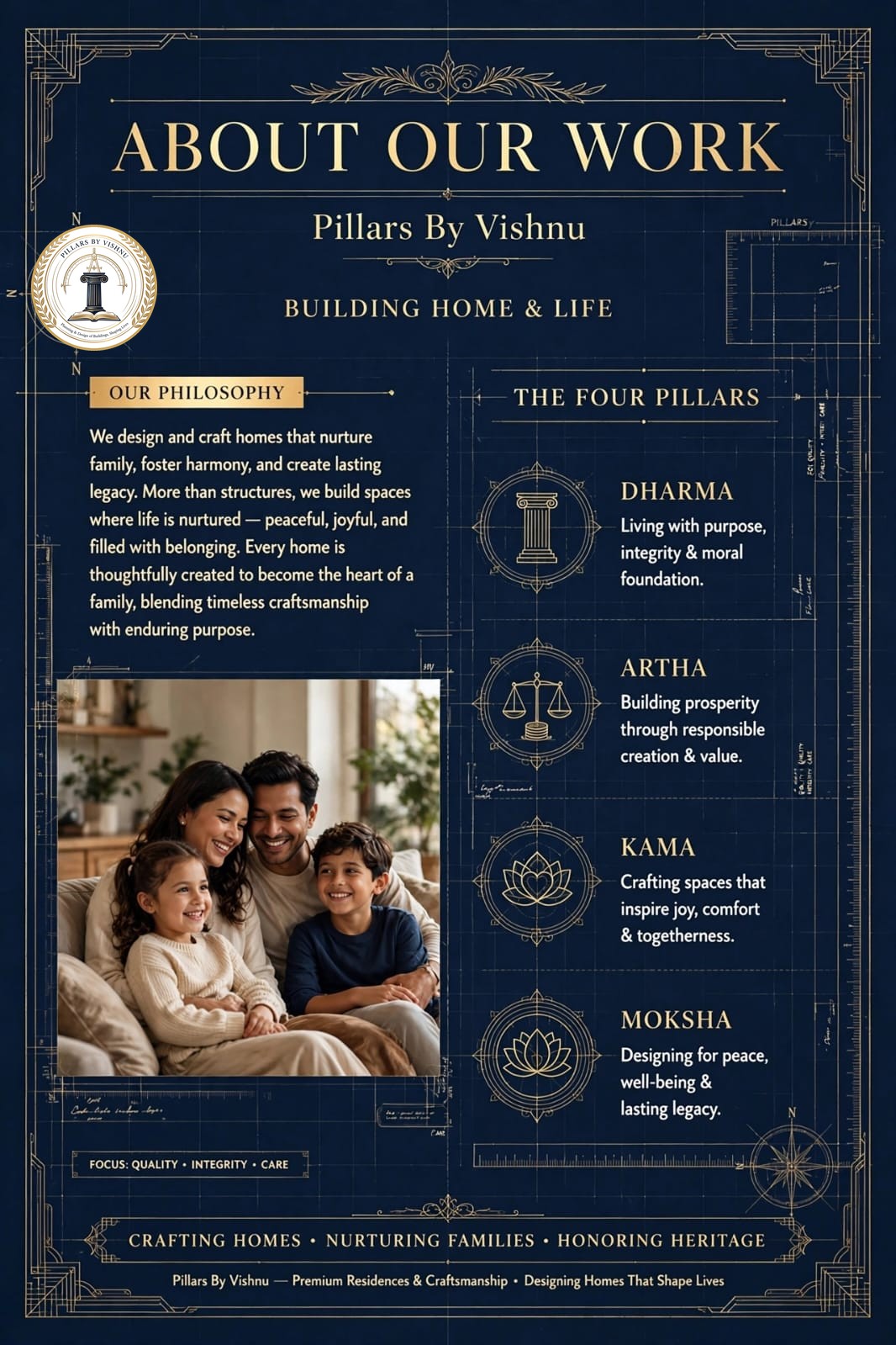 About Our Work &ndash; Pillars by Vishnu: our philosophy and the four pillars Dharma, Artha, Kama and Moksha
