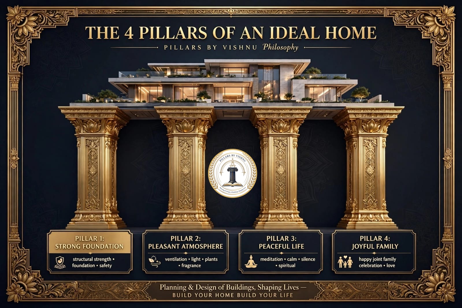 The 4 Pillars of an Ideal Home - Strong Foundation, Pleasant Atmosphere, Peaceful Life, Joyful Family